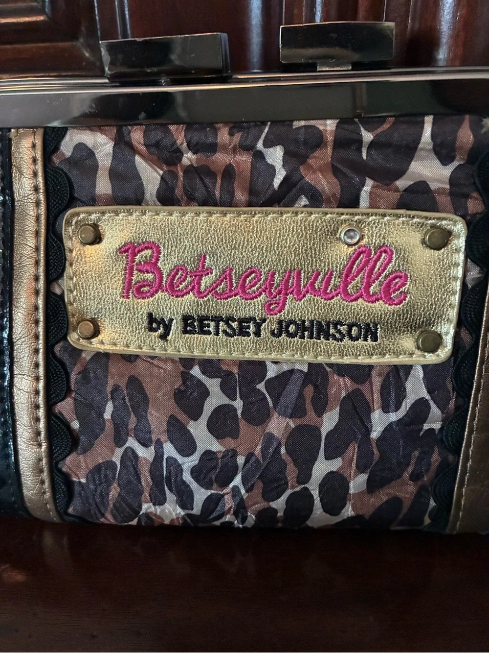 Betsey Johnson Brown Leopard Print Studded Wristlet Clutch with Gold Patch